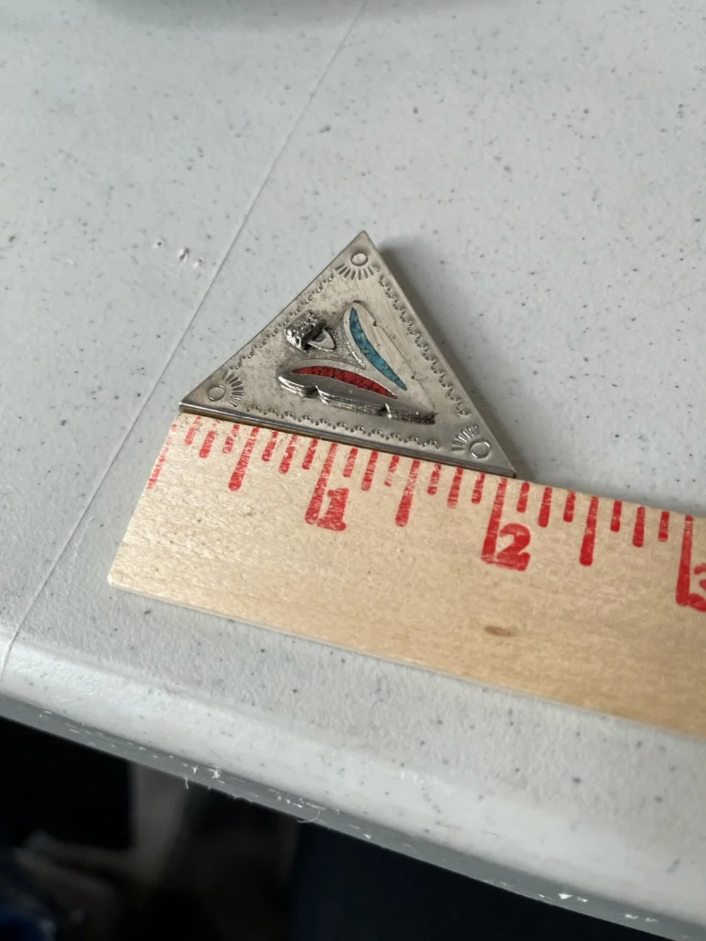 Triangular Sterling Silver collar clips with Red & Turquoise Inlay